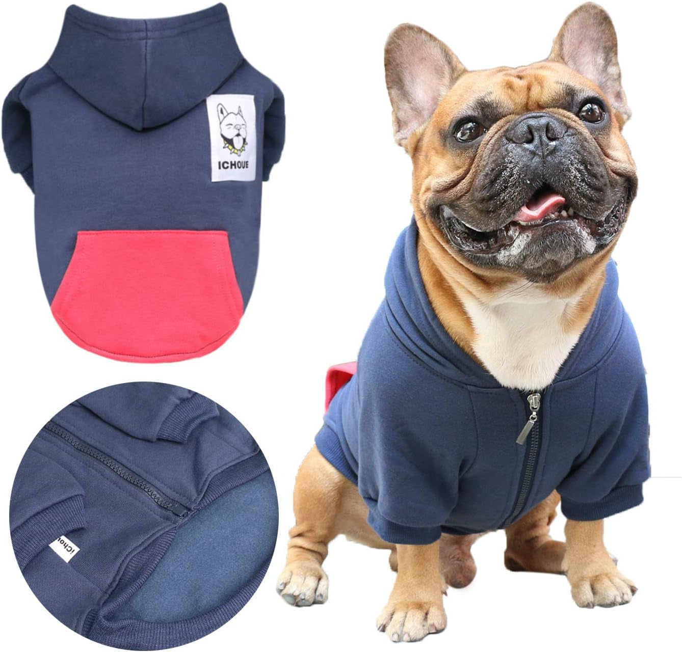 French Bulldog Hoodies and Sweatshirts for Dogs - Suitable for Frenchies, Pugs, English Bulldogs, Boston Terriers, Pitbulls - Navy, Medium Size, Winter Apparel